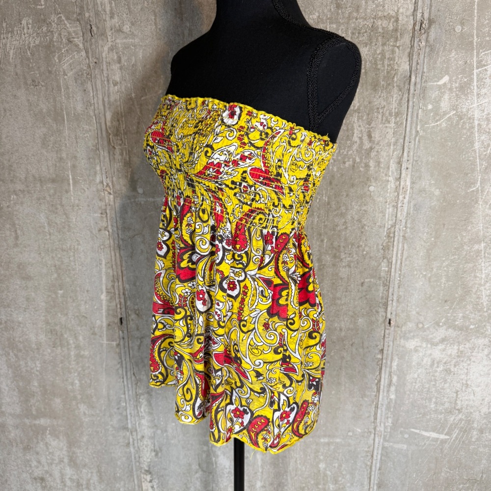 00s 18th & Elm Paisley Smocked Tube Top Yellow Red Boho Peplum Size M usa made